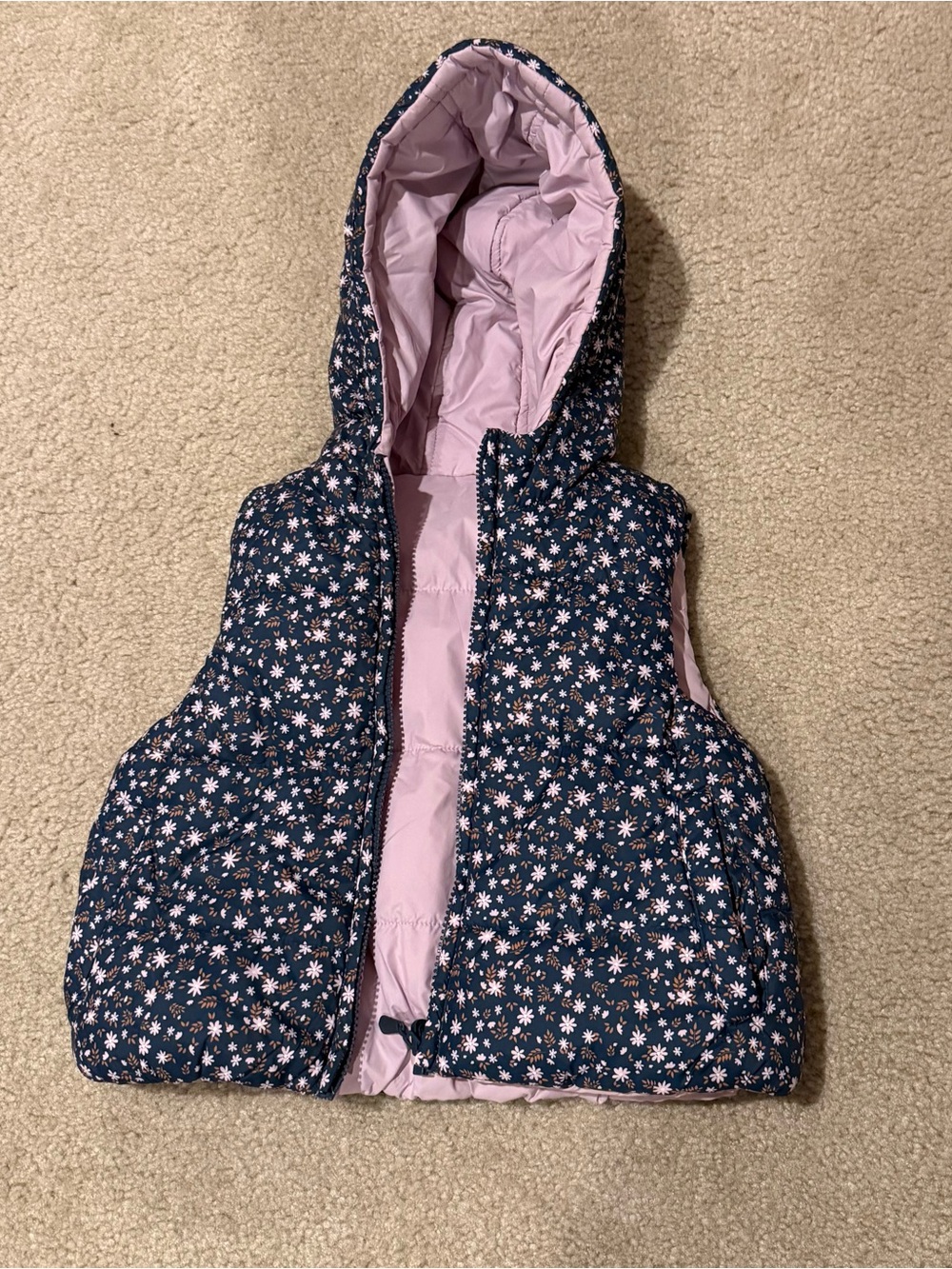 GAP Navy Floral Hooded Puffer Vest with Light Pink Lining